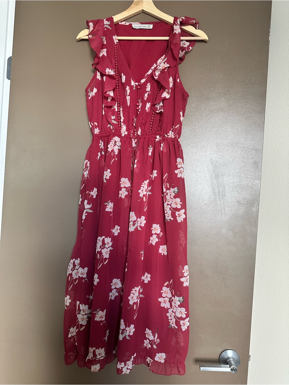 Floral Ruffle Midi Dress - Red with floral print